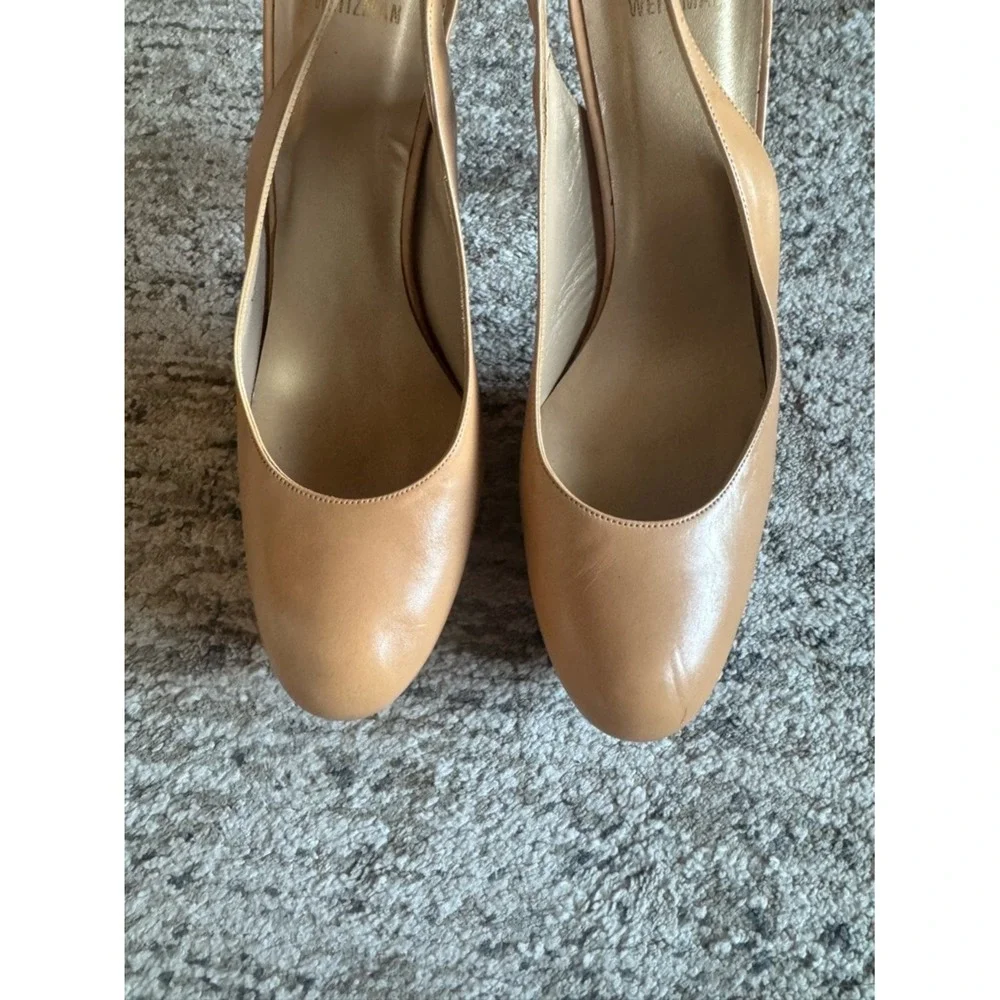 Stuart Weitzman Womens Slingback Pumps Wood Platform Nude Beige‎ Sz 11.5 Leather
